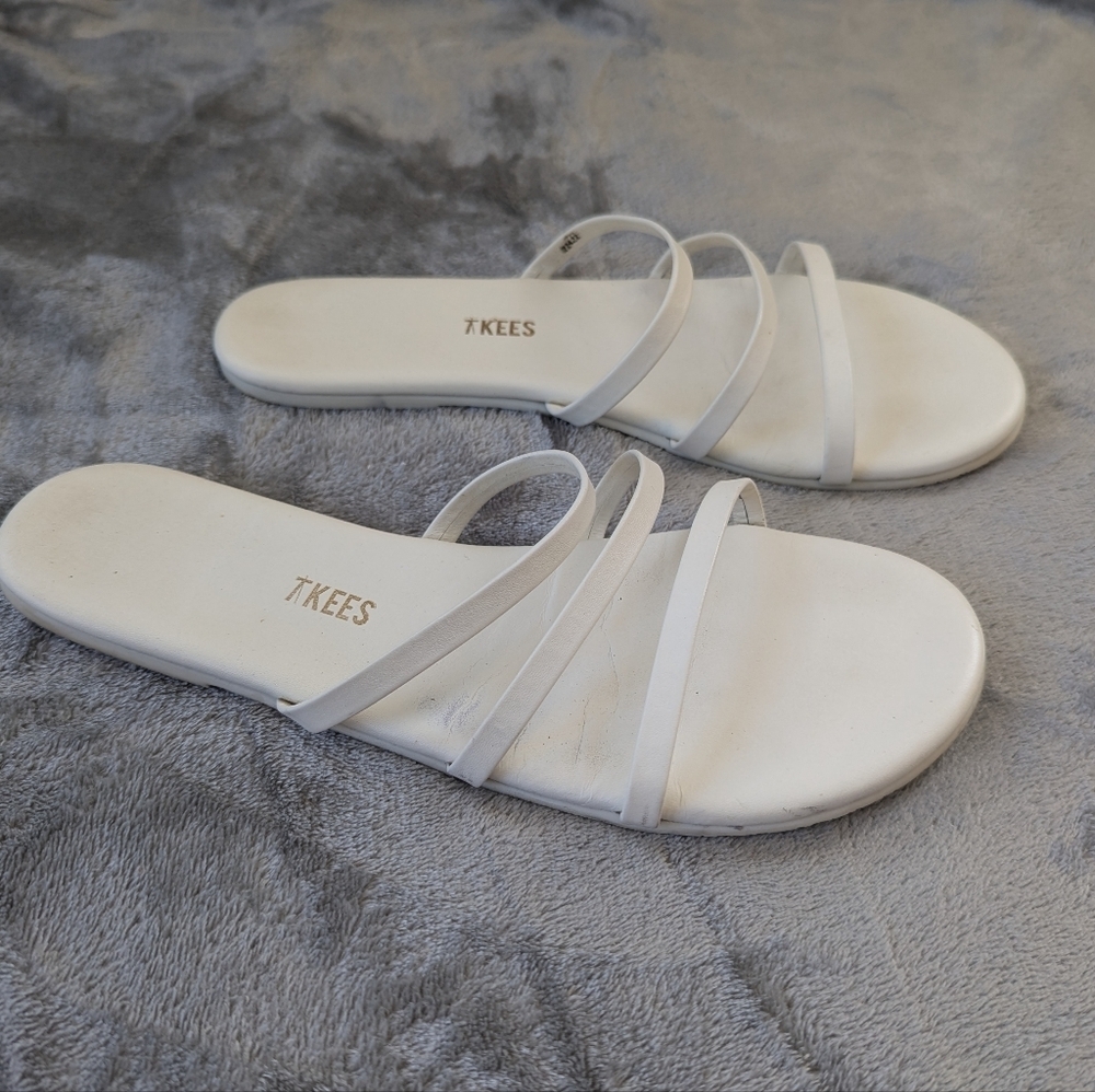 Tkees Leather 3 Strap Minimalist Flat Slide Sandals Women's 8 Ivory